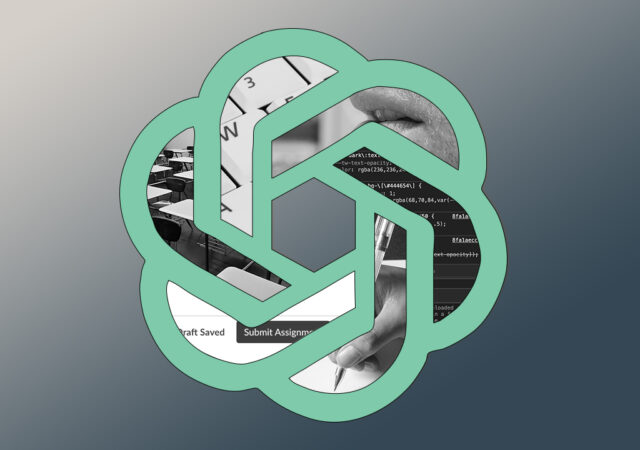 Photo illustration with the OpenAI logo and classroom scenes. (Dylan Shulman/Capital News Service)