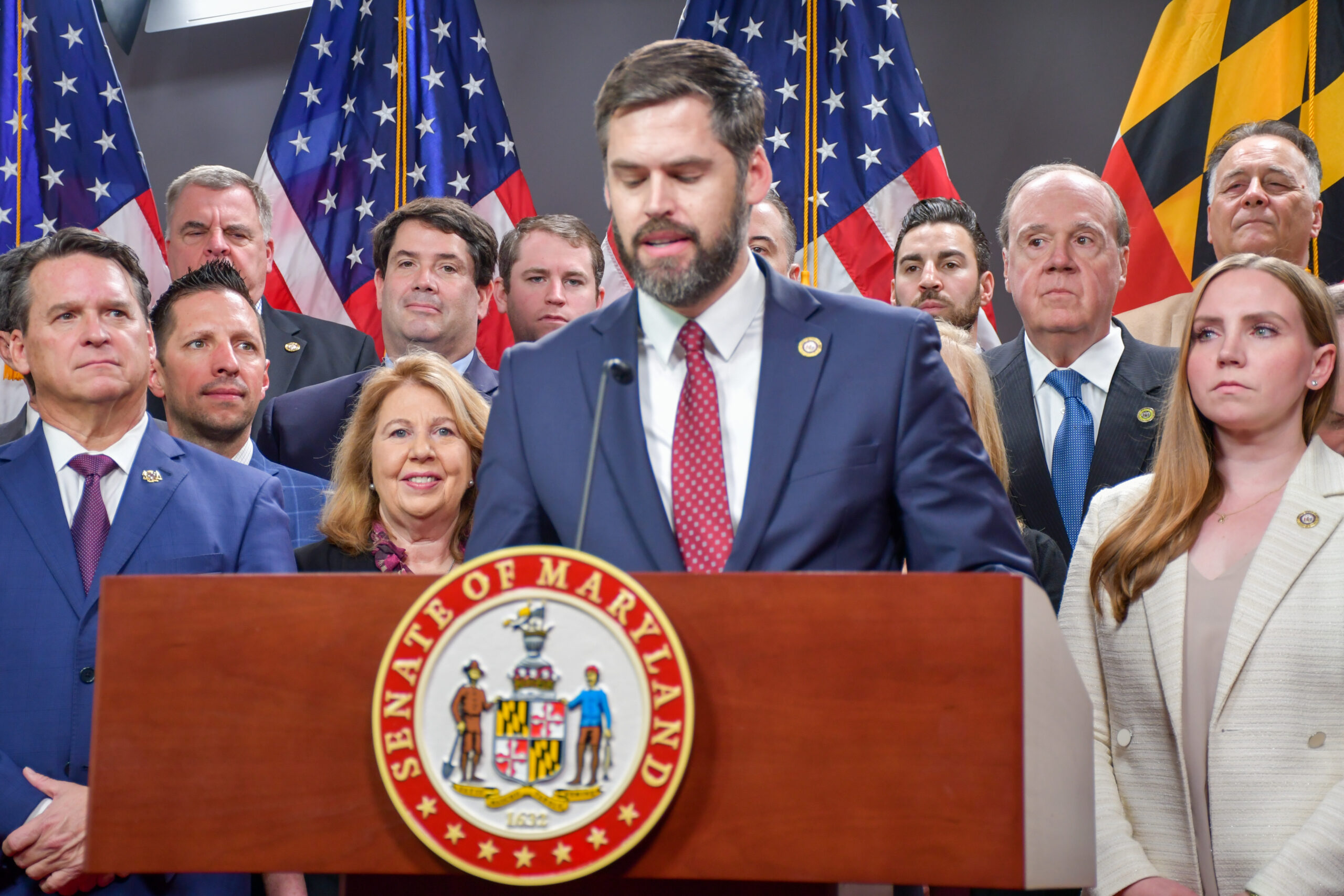 House Minority Whip Jesse Pippy speaks at the Maryland Joint Republican Caucus press conference on March 2, 2023. (Christine Zhu/Capital News Service)