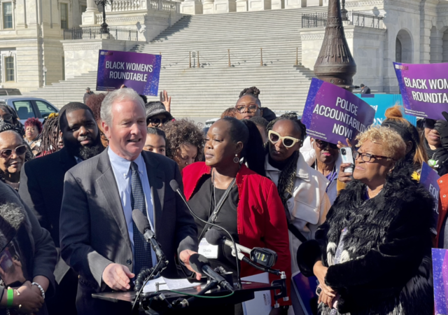 Sen. Chris Van Hollen, D-Maryland, addresses activists from the Black Women's Roundtable outside the U.S. Capitol on March 16, 2023.