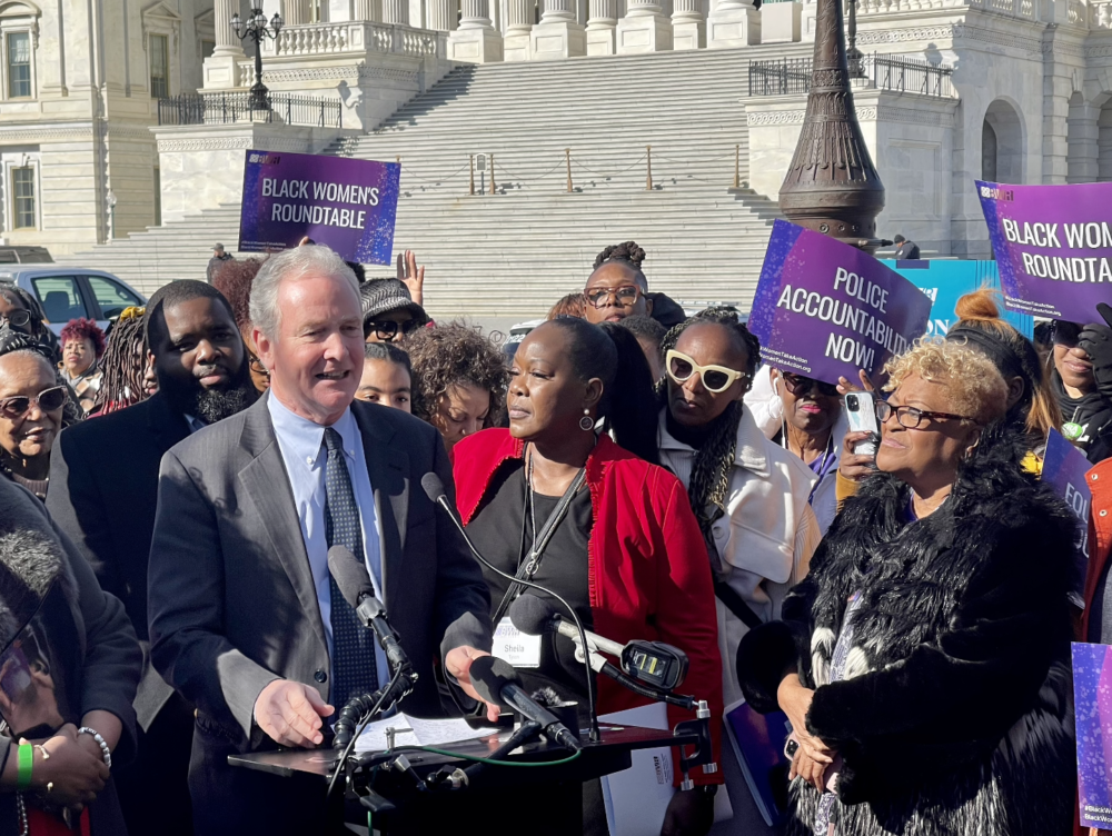 Sen. Chris Van Hollen, D-Maryland, addresses activists from the Black Women's Roundtable outside the U.S. Capitol on March 16, 2023.