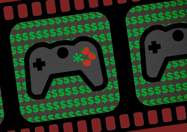Photo illustration depicting a video game controller in a film reel.
