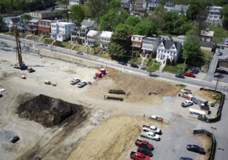 An overhead view of the construction of Hagerstown’s new baseball stadium from April 2023, one year before the ballpark is set to open. (Tim Jacobsen/Philip Merrill College of Journalism)