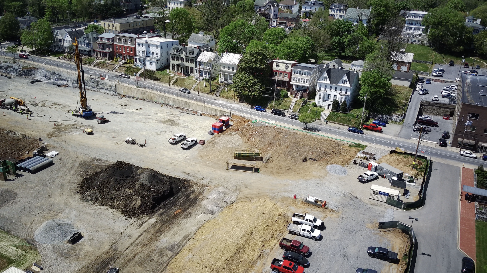 An overhead view of the construction of Hagerstown’s new baseball stadium from April 2023, one year before the ballpark is set to open. (Tim Jacobsen/Philip Merrill College of Journalism)