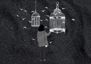 Black and white illustration of a young woman facing two hanging bird cages with birds flying around her.