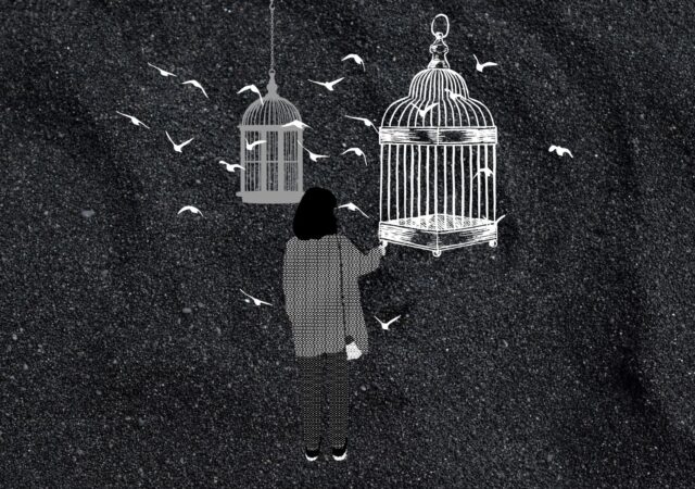 Black and white illustration of a young woman facing two hanging bird cages with birds flying around her.