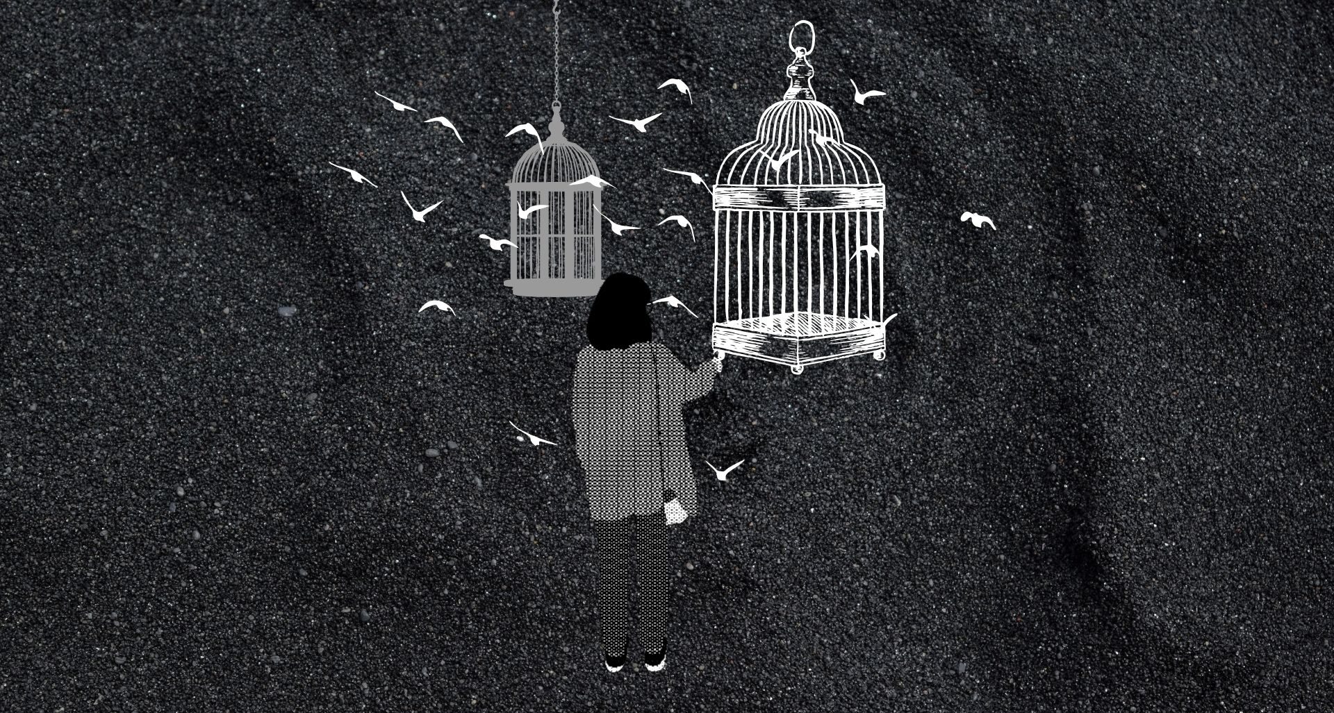 Black and white illustration of a young woman facing two hanging bird cages with birds flying around her.