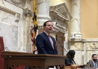 Senate President Bill Ferguson addressing lawmakers in the Senate chambers.