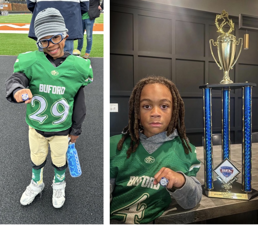 Seven-year-olds Christopher Williams (left) and Micáias Webb (right) show off their championship rings after the Buford Webb youth football team won the Gwinnett Football League championship November 11, 2023. Williams lives in Flowery Branch, Georgia, and Webb lives in Buford, Georgia.(Photos courtesy of Williams family and Andrew Weathers and Delika Webb.)