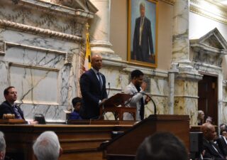Gov. Wes Moore delivers his State of the State address before a joint session of the Maryland General Assembly on Feb. 7, 2024. (Kiersten Hacker/Capital News Service)