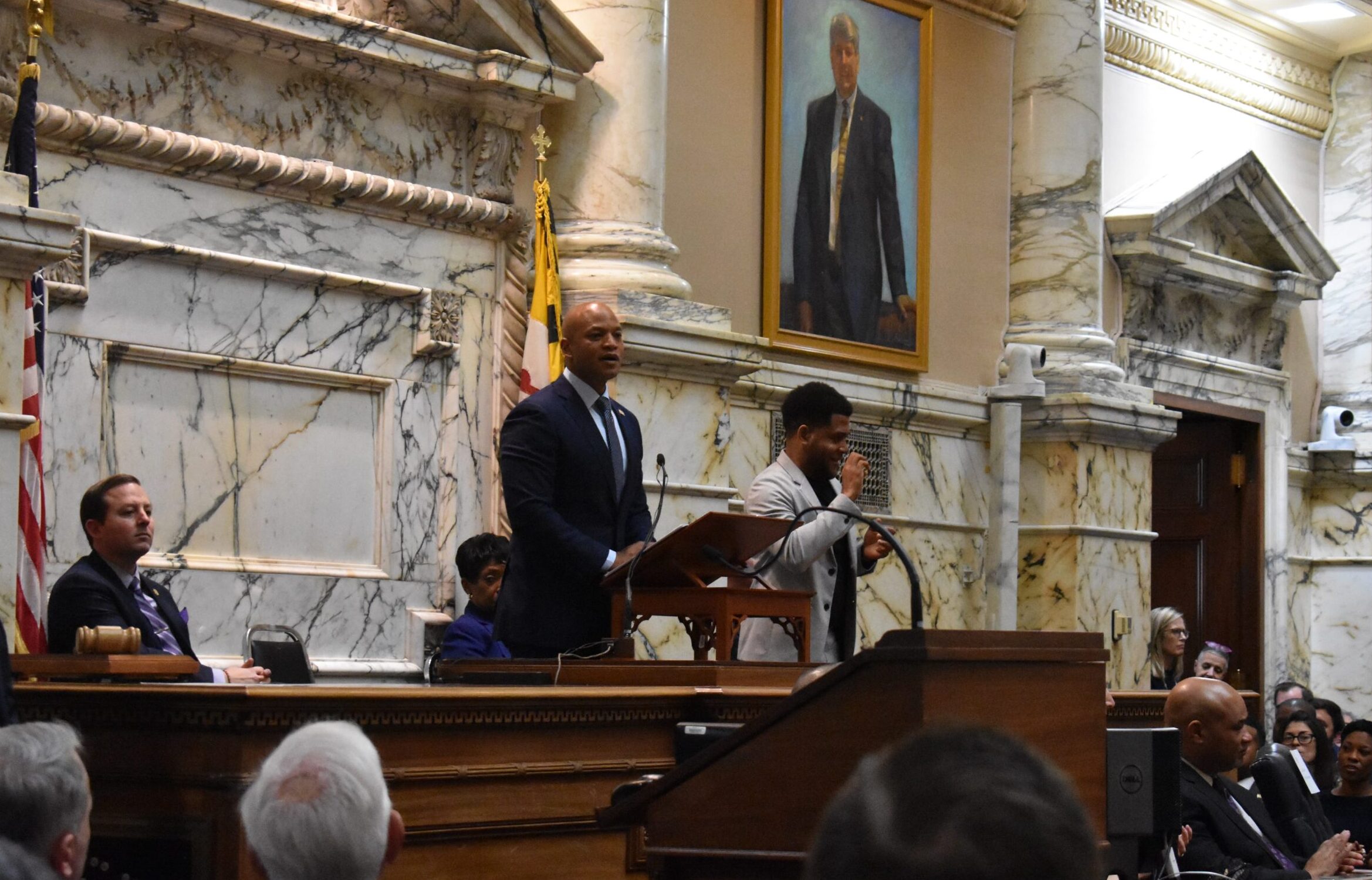 Gov. Wes Moore delivers his State of the State address before a joint session of the Maryland General Assembly on Feb. 7, 2024. (Kiersten Hacker/Capital News Service)