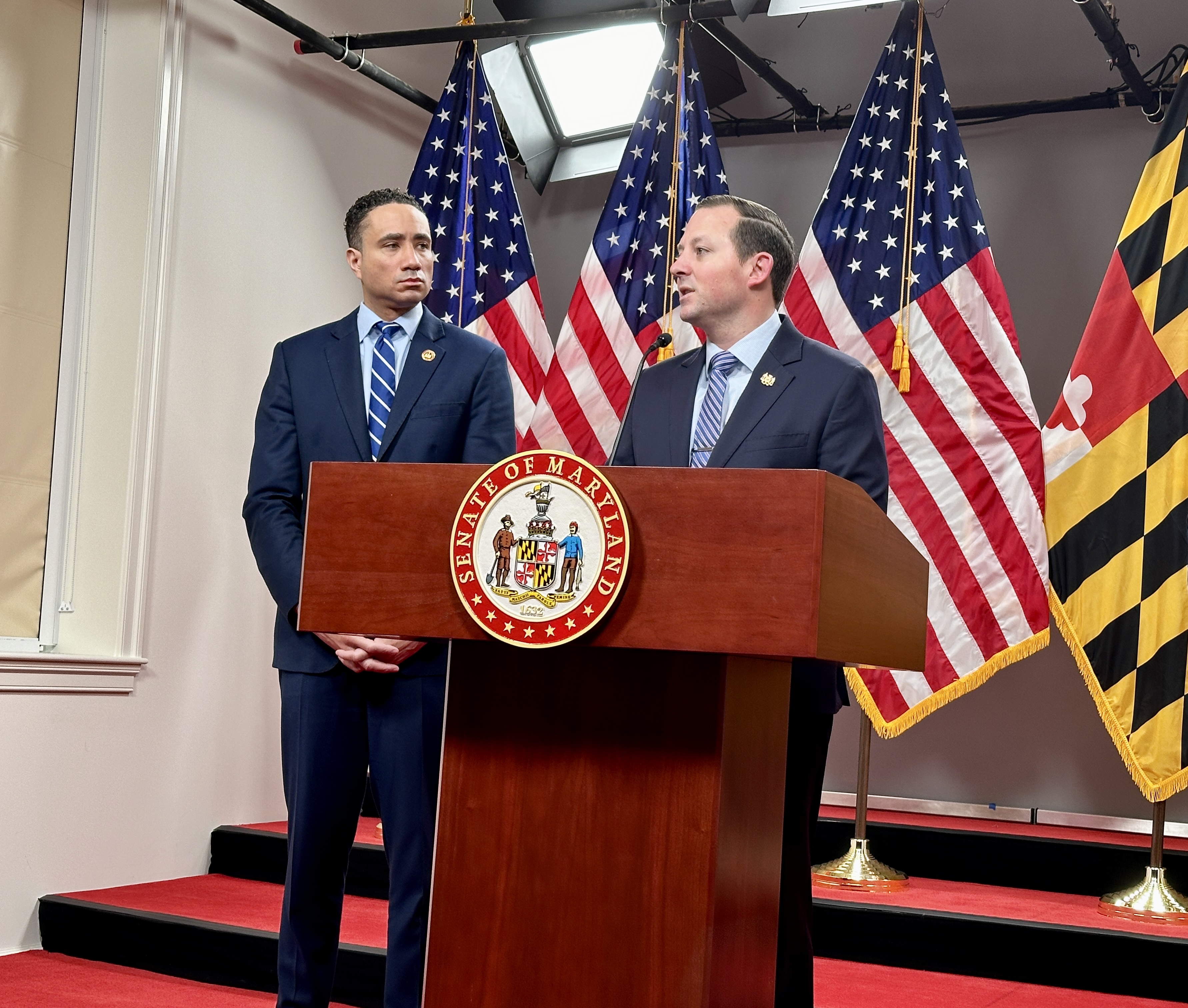 Senate Judicial Proceedings Committee Chair Will Smith, D-Montgomery (left), and Senate President Bill Ferguson, D-Baltimore City (right), speak at a press conference on March 1, 2024, where they announced that legislation to legalize medical aid in dying would not move out of its committee phase. (Sapna Bansil/Capital News Service)