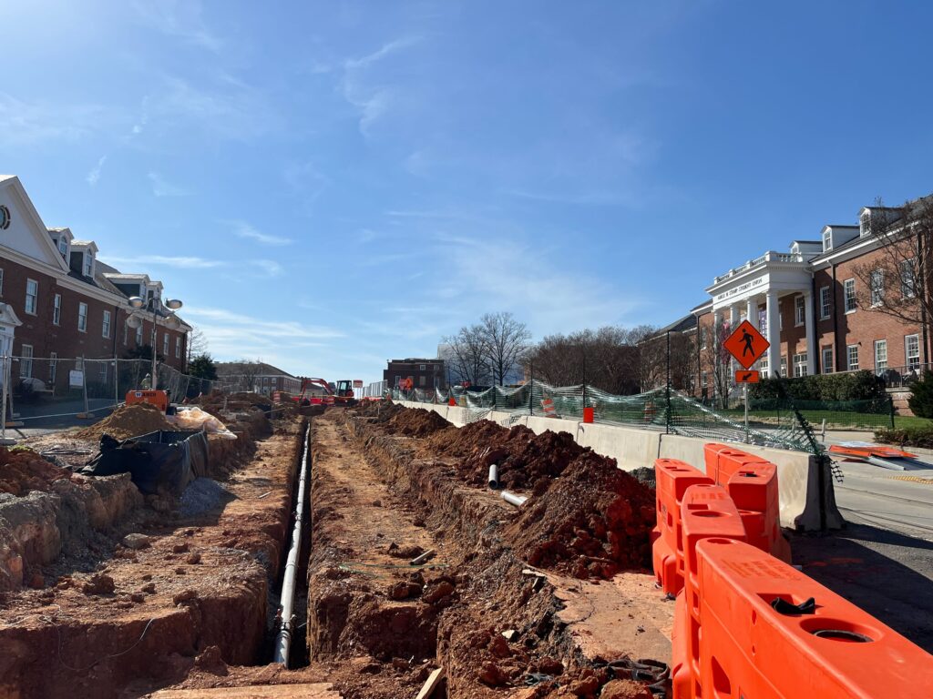 Construction of the Purple Line runs along Campus Drive on the campus of the University of Maryland on March 12, 2024. (Caroline Koutsos/Capital News Service)