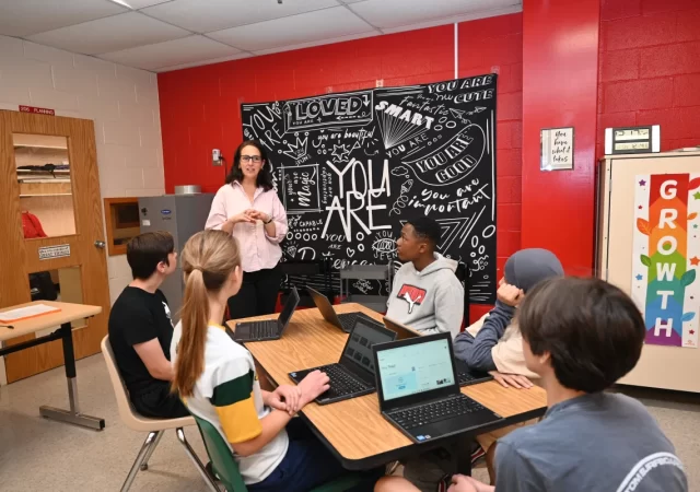 Plum Point Middle School career advisor Nikki Phillips speaks with eighth-8th graders about strategies to help them connect their interests with their future careers. (Photo courtesy of Calvert County Public Schools )