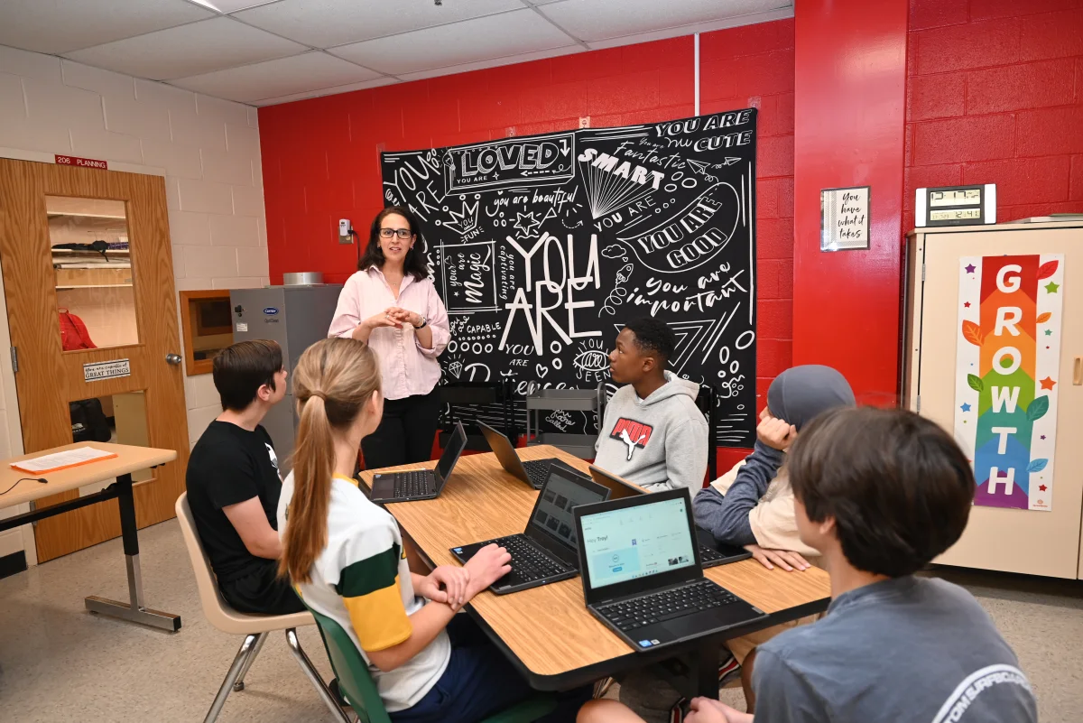 Plum Point Middle School career advisor Nikki Phillips speaks with eighth-8th graders about strategies to help them connect their interests with their future careers. (Photo courtesy of Calvert County Public Schools )