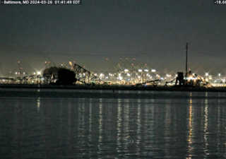 Baltimore’s Francis Scott Key Bridge, minutes after it collapsed, as seen here in a screenshot from a StreamTime Live livestream video.