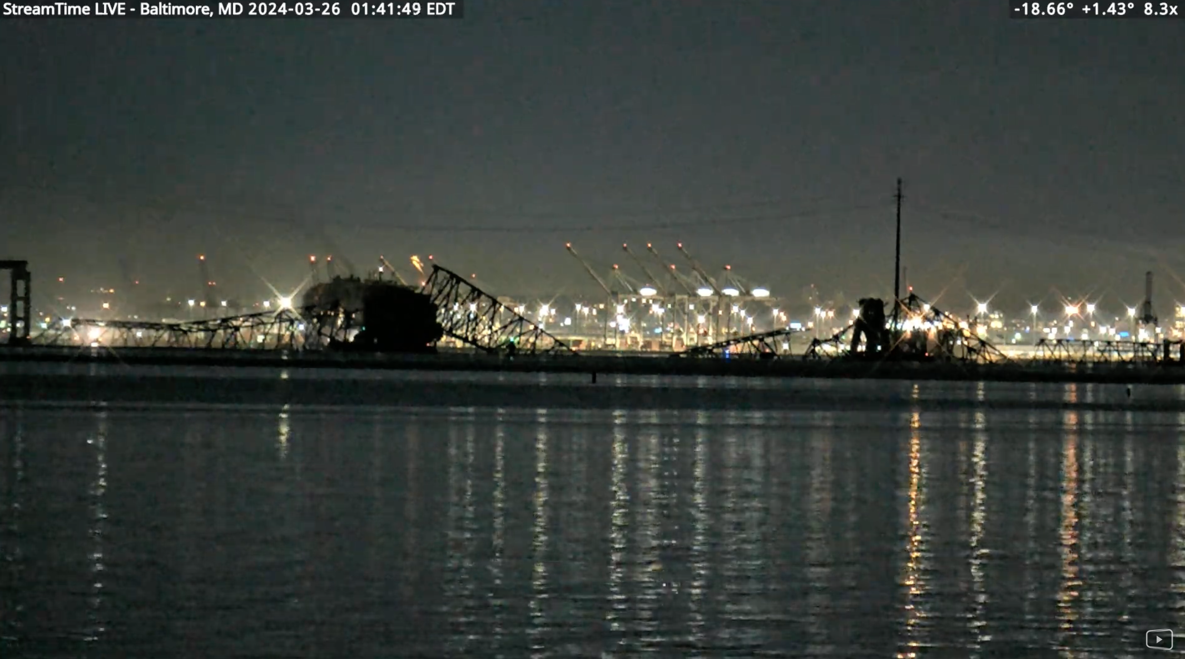 Baltimore’s Francis Scott Key Bridge, minutes after it collapsed, as seen here in a screenshot from a StreamTime Live livestream video.