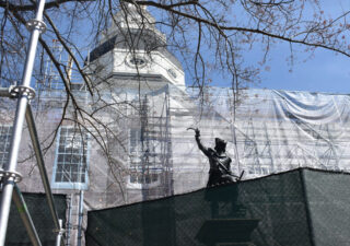 A statue of Baron Johann DeKalb in front of the Maryland State House. (Tyrah Burris/Capital News Service)