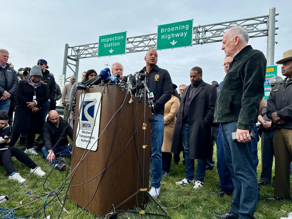 Gov. Wes Moore speaks at a press conference in Dundalk on March 26 after the Key Bridge collapsed earlier that morning. (Sapna Bansil/Capital News Service)