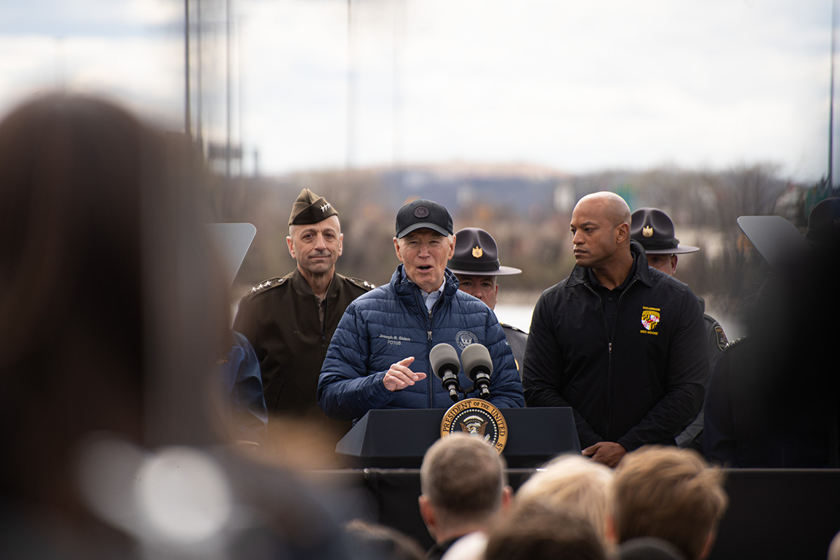 President Joe Biden, standing next to Maryland Gov. Wes Moore, gives remarks at the Port of Baltimore on April 5, 2024, in the aftermath of the collapse of the Francis Scott Key Bridge (Mathew J Schumer/Capital News Service).