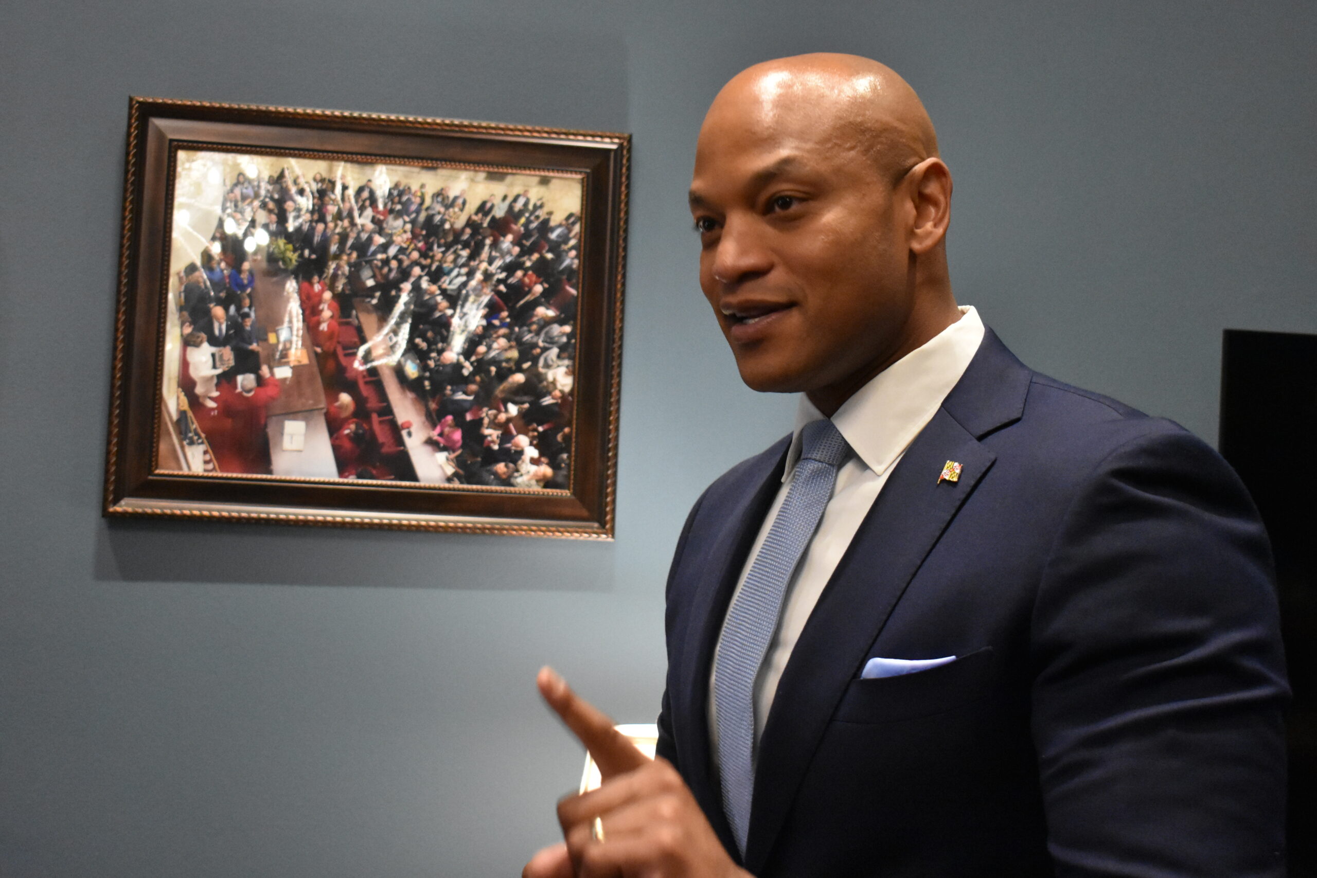 Gov. Wes Moore talks to CNS reporters in his office on April 24, 2024. (Angelique Gingras/Capital News Service)