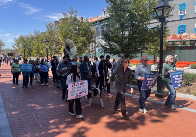 The Chesapeake Climate Action Group calls for environmental protections on Lawyers Mall on the last day of the 2024 General Assembly session.