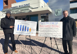 Former Howard County Police Accountability Board member Jim Gormley (right) and police accountability advocate Ted Stewart speak with reporters outside the Howard County administration building on December 12, 2023. (Paul Kiefer/Capital News Service)