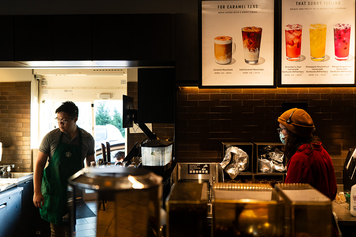Workers at Steve To and Noah Smith [left to right] at Starbucks’ Shipley’s Grant cafe (Mathew Schumer / Capital News Service)