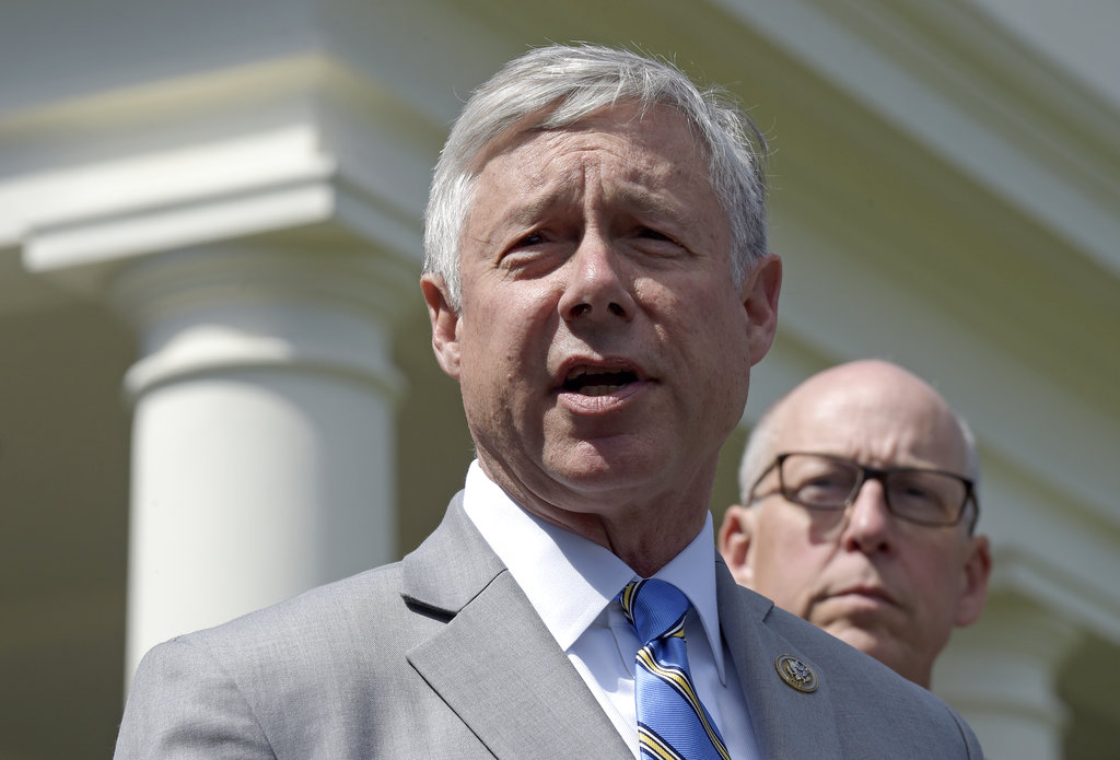 Rep. Fred Upton, R-Mich., speaks outside the White House in this 2017 photo. Upton, who retired in 2023, took his wife, Amey Upton, on 20 privately funded trips over the past decade. Her travel to world-class hotels and resorts in London, Paris, Copenhagen, Geneva, Rome and Istanbul cost private sponsors more than $113,000, trip records show. (AP Photo/Susan Walsh)