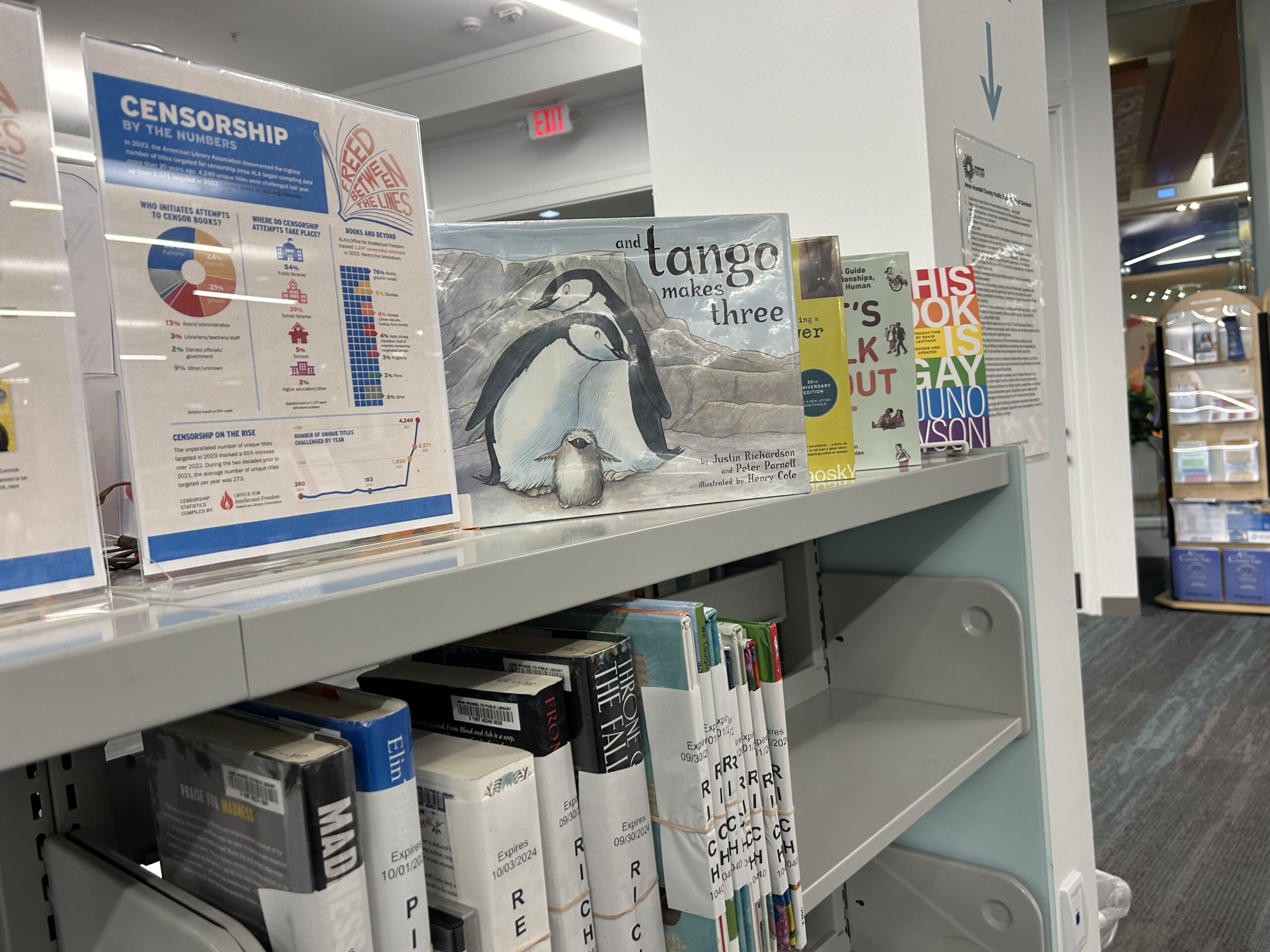 book shelf for nationally challenged and banned books at The Library at the Mall