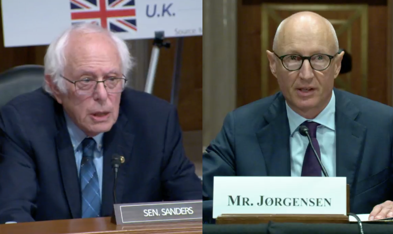 Sen. Bernie Sanders and Lars Fruergaard Jørgensen, the president and CEO of Novo Nordisk, during a September 24, 2024, committee hearing. (Photo courtesy of Senate Health, Education, Labor and Pensions Committee)