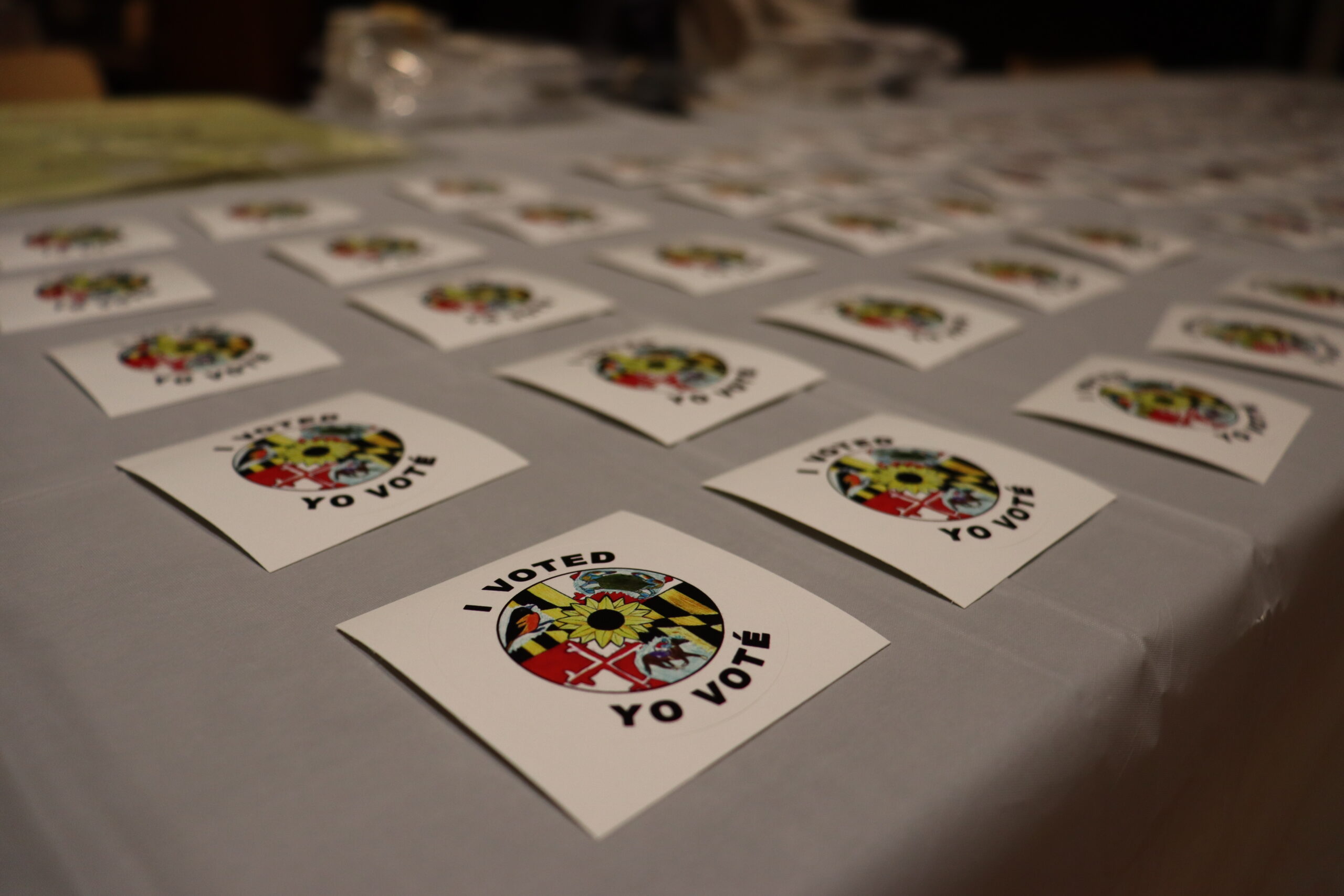 "I Voted" Stickers set out at the first day of early voting (10/24/24) at the Civic Building in Silver Spring, Maryland. (Caley Fox Shannon/Capital News Service)