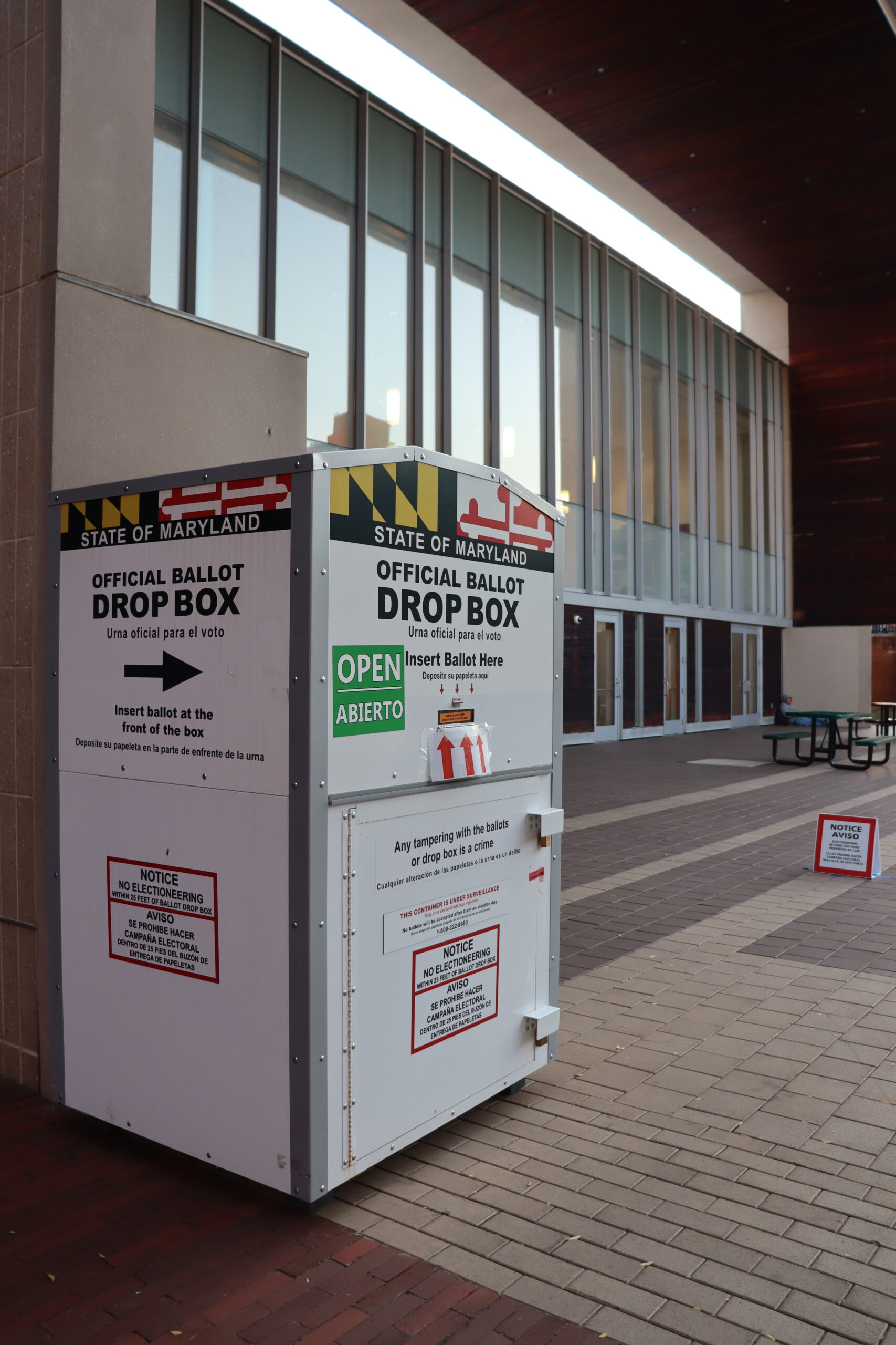 A ballot drop box outside of the Civic Building in Silver Spring, Maryland, during early voting for the 2024 general election. (Caley Fox Shannon/Capital News Service)