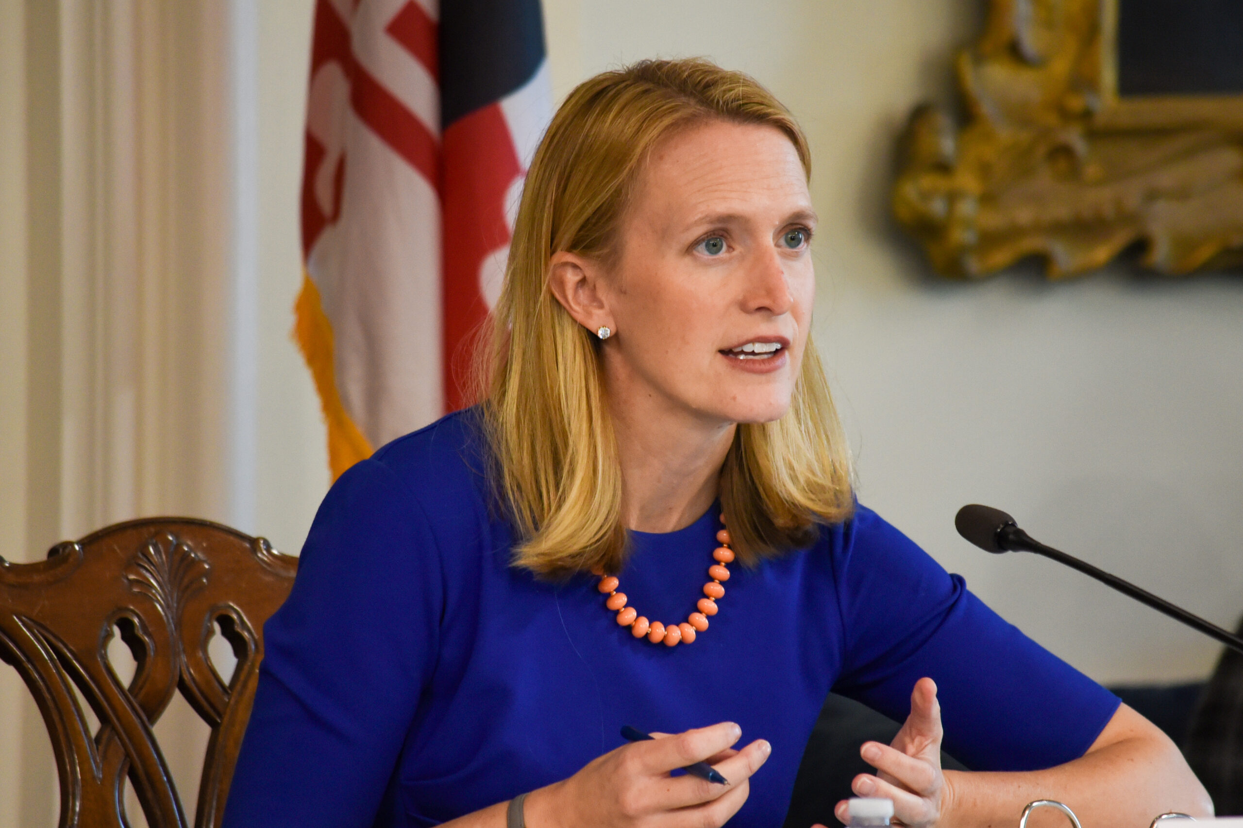 Maryland Comptroller Brooke Lierman speaks at a microphone