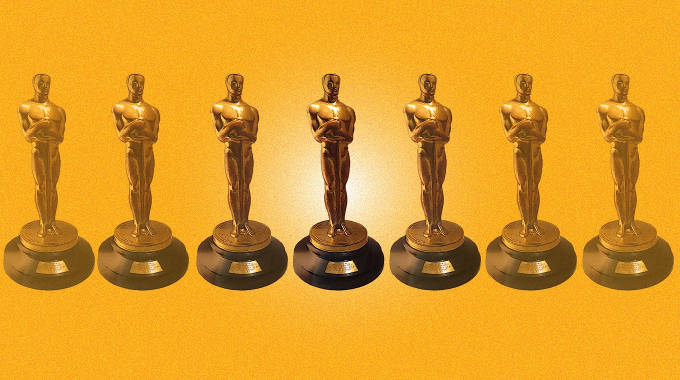 A series of Oscar statuettes.