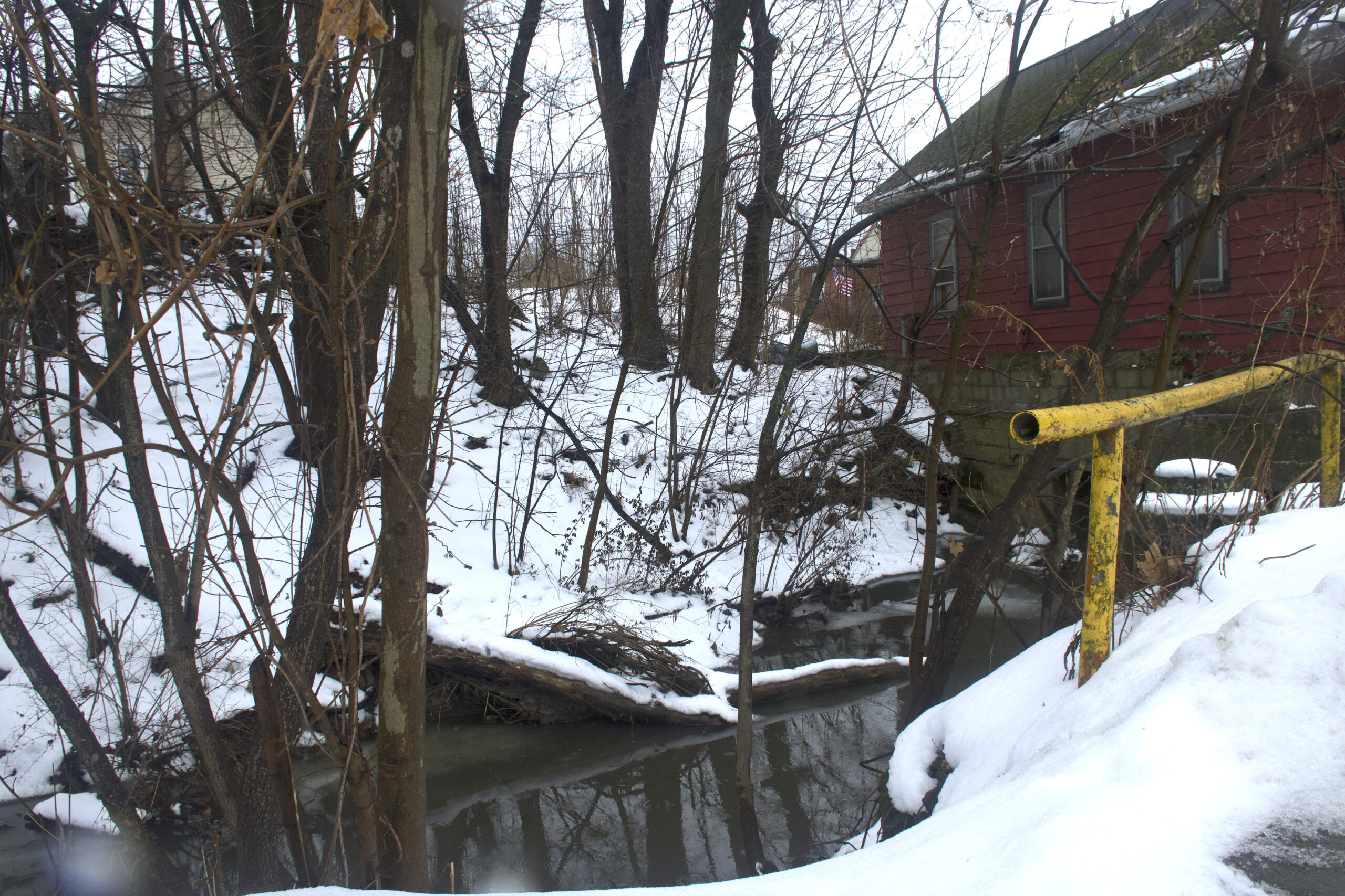 Sulphur Run, a creek that flows below houses in East Palestine, Ohio, is about a mile away from the derailment site. The creek was "grossly contaminated" after the derailment, according to state environmental officials. Norfolk Southern continues to test Sulphur Run surface water for contamination, following a requirement from the Environmental Protection Agency. (Daranee Balachandar / Howard Center for Investigative Journalism)