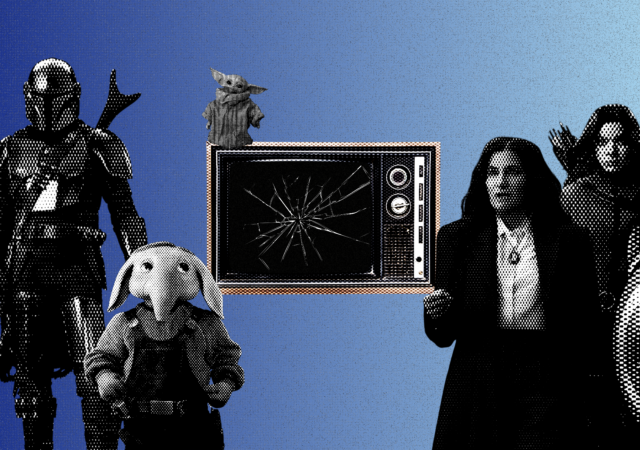 Characters from Star Wars and Marvel surround a broken television set.