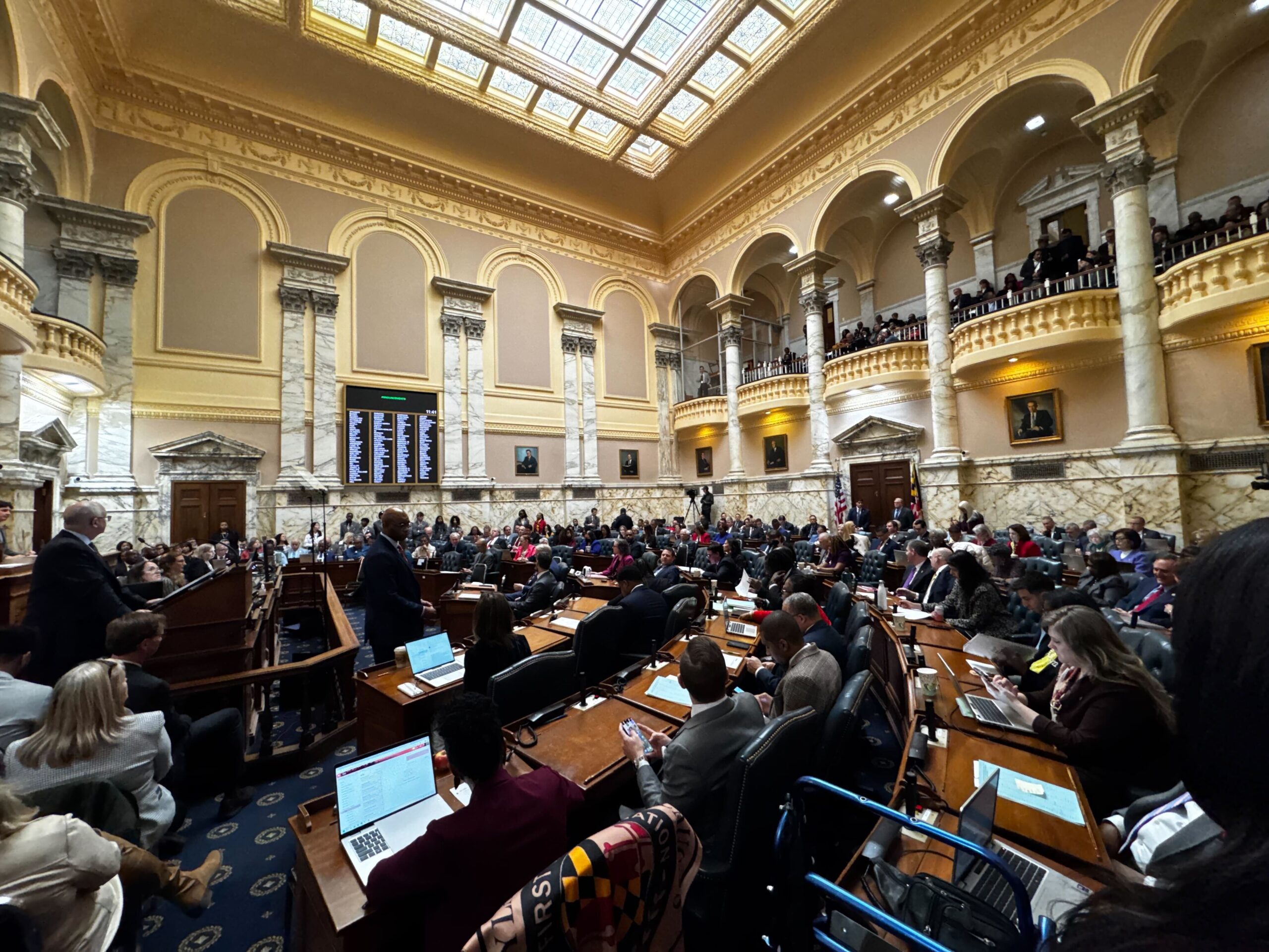 Lawmakers assemble in the House chamber for a brief regular session ahead of Gov. Wes Moore’s fourth State of the State speech on Feb. 11, 2026. (Sam Gauntt/Capital News Service)