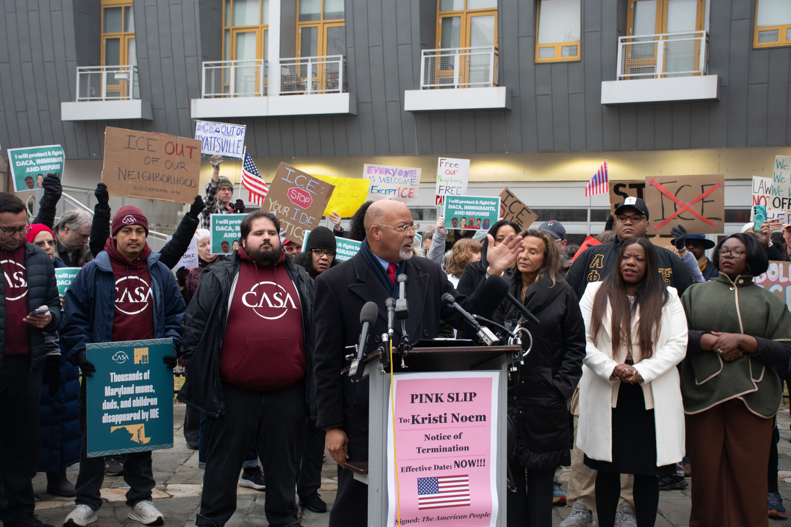 Rep. Glenn Ivey speaks to protesters in Hyattsville Feb. 19, 2026 (Photo: Will Hammann/Capital News Service)