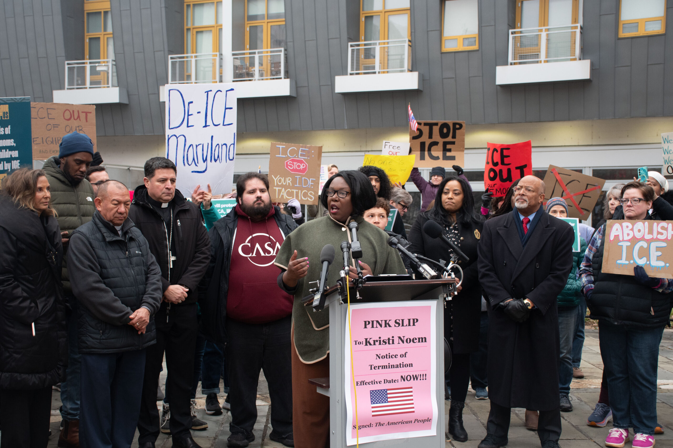 Prince George's County Council Member Krystal Oriadha speaks to protesters in Hyattsville Feb. 19, 2026. (Photo: Will Hammann/Capital News Service)