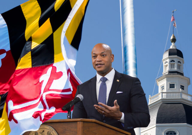 Gov. Wes Moore, Maryland State House and Maryland flag collage graphic